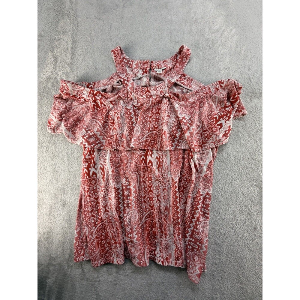Cato Floral Tunic Top Womens 18/20 Cold Shoulder Key Hole Red White Casual